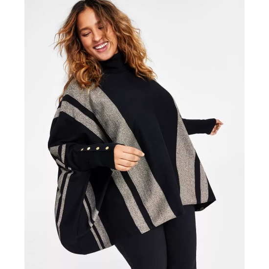Best Sale β€οΈ Alfani Plus Size Lurex Striped Poncho Sweater, Created For Macy's Deep Black π - Image 4