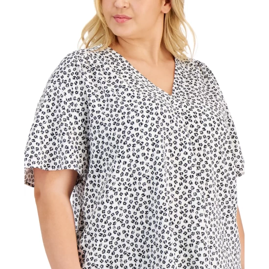 Best Sale β€οΈ Alfani Plus Size Printed Shirred V-Neck Top, Created For Macy's Black π― - Image 4