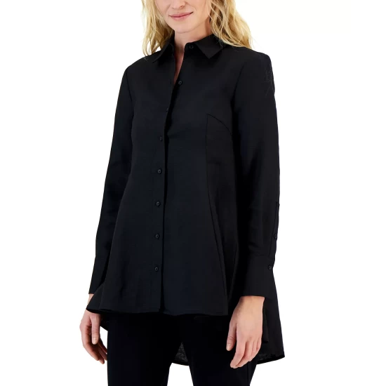 Promo π Alfani π© Women's Linen Blend High-Low Button Blouse, Created For Macy's Washed White Floral π - Image 4