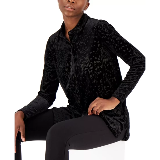 Best Pirce π Alfani π© Women's Printed Velvet Burnout π Shirt, Created For Macy's Floral Burnout Deep Black π - Image 4