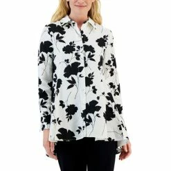 Promo π Alfani π© Women's Linen Blend High-Low Button Blouse, Created For Macy's Washed White Floral π