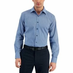 Best Sale π Alfani Men's Regular Fit 2-Way Stretch Stain Resistant Medallion Print π Dress π Shirt, Created For Macy's Blue White β