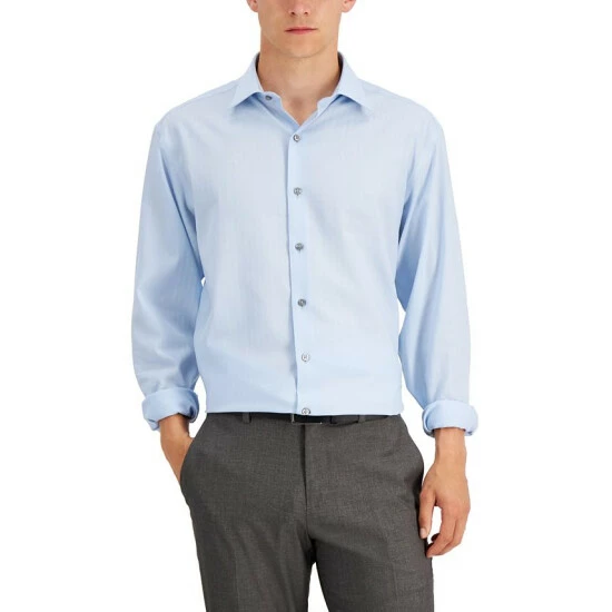 New π Alfani Men's Regular Fit 2-Way Stretch Herringbone π Dress π Shirt, Created For Macy's White Lt Blue π