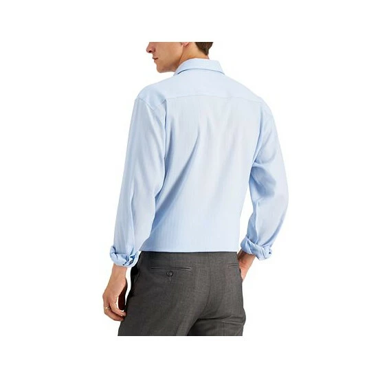 New π Alfani Men's Regular Fit 2-Way Stretch Herringbone π Dress π Shirt, Created For Macy's White Lt Blue π - Image 2