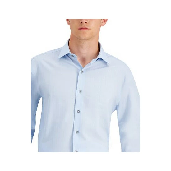 New π Alfani Men's Regular Fit 2-Way Stretch Herringbone π Dress π Shirt, Created For Macy's White Lt Blue π - Image 3