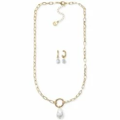 New 😍 Alfani Gold-Tone Imitation Pearl Chain Link Pendant Necklace & C-Hoop Earrings Set, Created For Macy's White 🔔