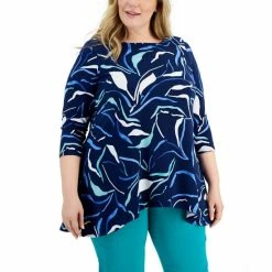 Budget β€οΈ Alfani Plus Size Printed Swing Top, Created For Macy's Soft Line Navy π€©