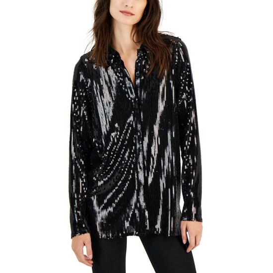 Wholesale βοΈ Alfani π© Women's Sequined Long-Sleeve Blouse, Created For Macy's Deep Black β€οΈ