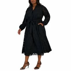 Deals 🎁 Alfani Plus Size Jacquard Belted Blouson-Sleeve 👗 Dress, Created For Macy's Deep Black 🥰