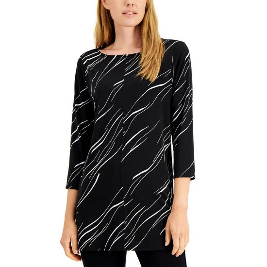 Best deal π€© Alfani Petite Printed Boat-Neck Tunic Top, Created For Macy's Black Linear Breeze π