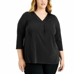 Discount 🌟 Alfani Plus Size 3/4-Sleeve Cinched-Neck Top, Created For Macy's Deep Black ✨