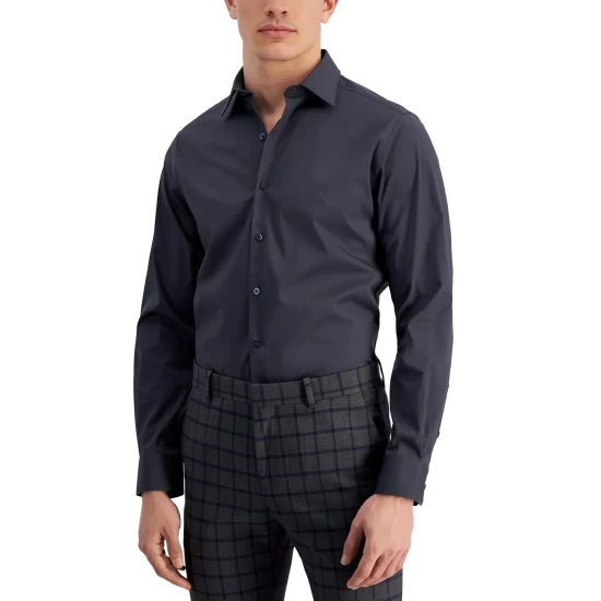Hot Sale π Alfani Men's Slim Fit 2-Way Stretch Stain Resistant π Dress π Shirt, Created For Macy's Deep Black π - Image 6