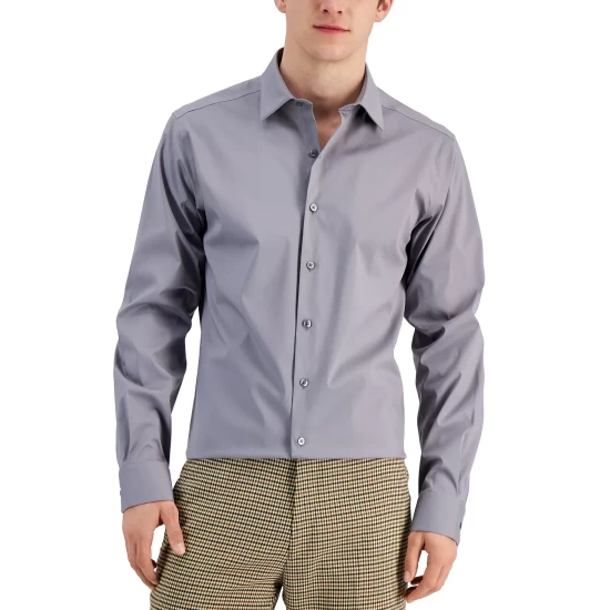 Hot Sale π Alfani Men's Slim Fit 2-Way Stretch Stain Resistant π Dress π Shirt, Created For Macy's Deep Black π - Image 7