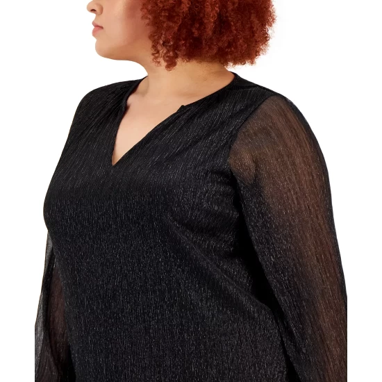 Cheap βοΈ Alfani Plus Size Split-Neck Long-Sleeve Shimmer Top, Created For Macy's Deep Black π - Image 4