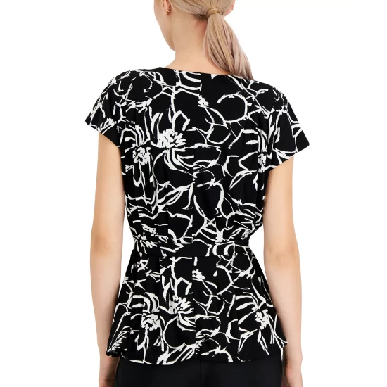 Best Sale π Alfani π© Women's V-Neck Pleated Tie-Waist Short-Sleeve Top, Created For Macy's Deep Black Floral β - Image 4